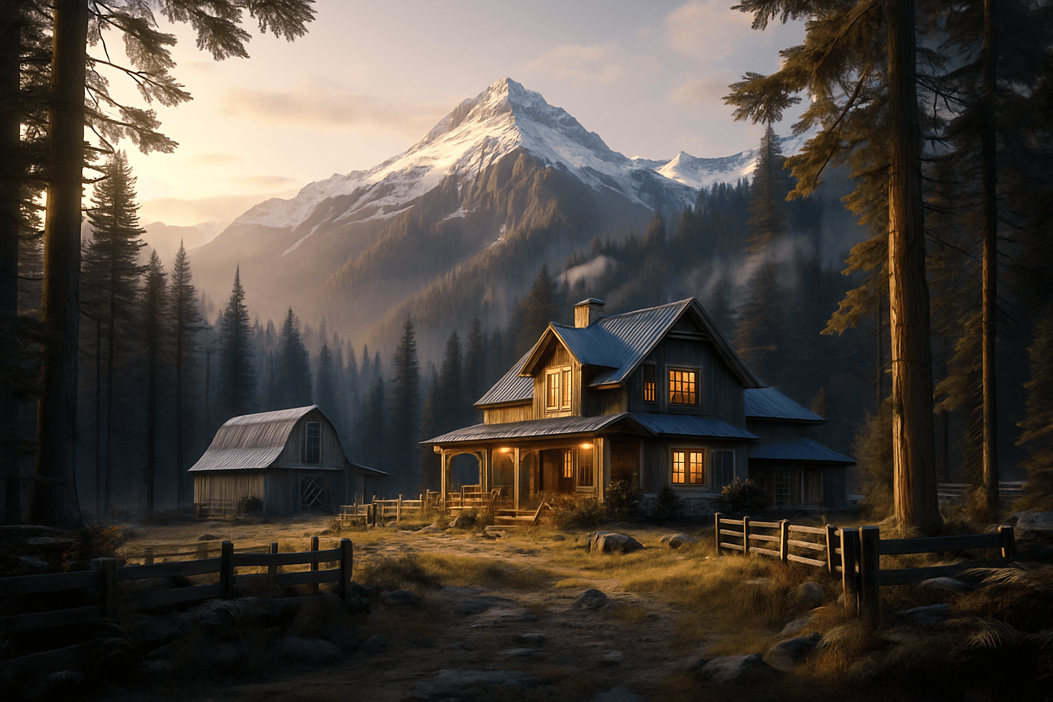 A background image of a house in the woods.